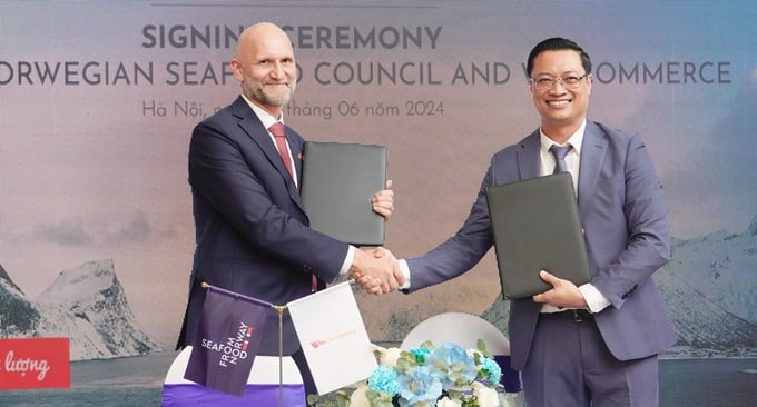 The Norwegian Seafood Council (NSC) and WinCommerce have officially signed a cooperation agreement, granting permission to use the 'Seafood from Norway' trademark on all packaging of seafood imported from Norway in the WinMart supermarket system nationwide. Photo: Hong Tham.