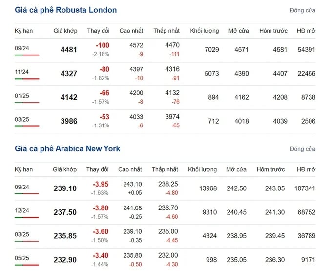 Latest Arabica and Robusta prices on 07/24/2024