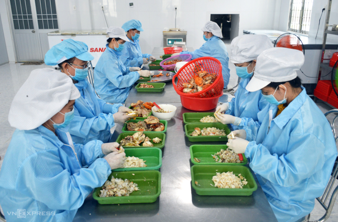 Workers separate crab meat in a closed process. Photo: Chuc Ly