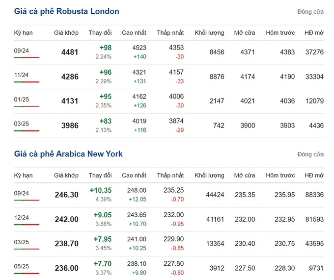 Latest Arabica and Robusta prices on 08/08/2024