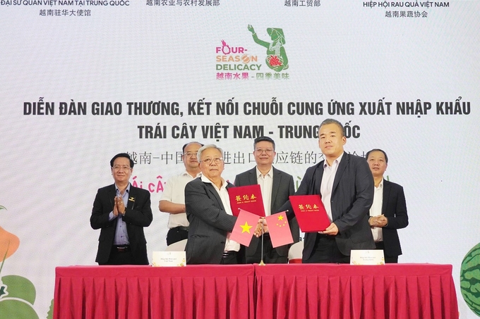 Business cooperation agreement signed between the Vietnam Fruit and Vegetable Association and the China Fruit Association. Photo: Hong Tham.