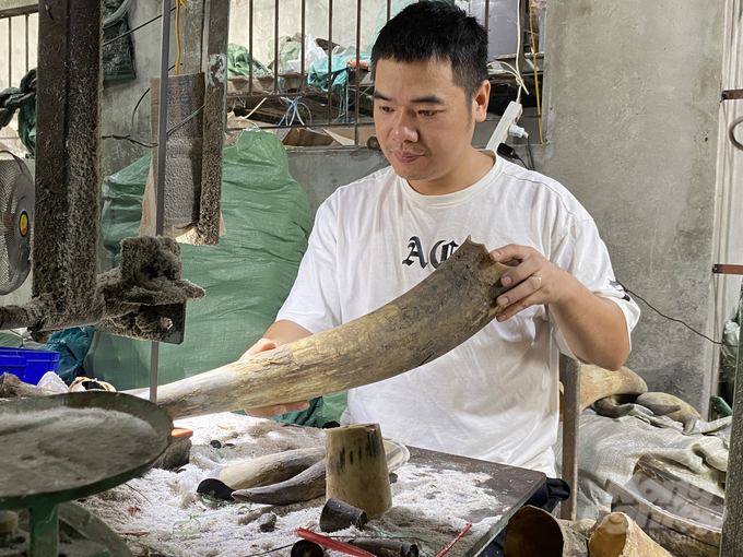 Artisan Nguyen Minh Tri demonstrating a step in the horn crafting process.