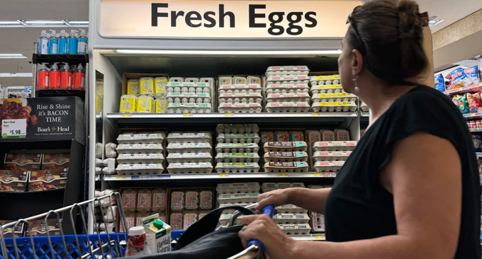 A customer walks by a display of fresh eggs at a grocery store in San Anselmo, California on September 25. 