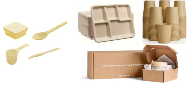 A variety of food service products, such as trays and cutlery.