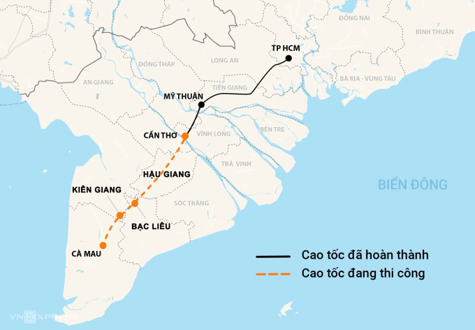 Direction of Can Tho - Ca Mau highway. Graphics: Hoang Chuong