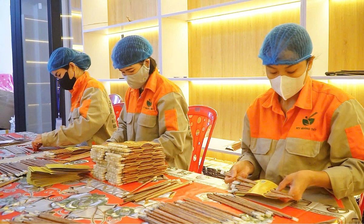 Workshop producing handicraft chopsticks of Quang Thuy wooden chopsticks cooperative. Photo: T.P Workshop producing handicraft chopsticks of Quang Thuy wooden chopsticks cooperative. Photo: T.P