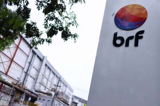 A logo is seen in front of a unit of BRF S.A., a food producing industry, in the city of Lajeado, Rio Grande do Sul, Brazil, March 27, 2025. REUTERS/Diego Vara/File Photo Purchase Licensing Rights.