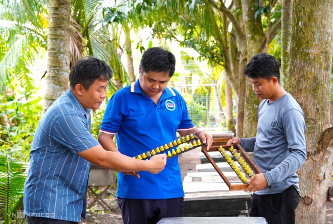 Mr. Tung and the technical team checked the insect ladder in the multi -storey beekeeping model. Photo: An Minh