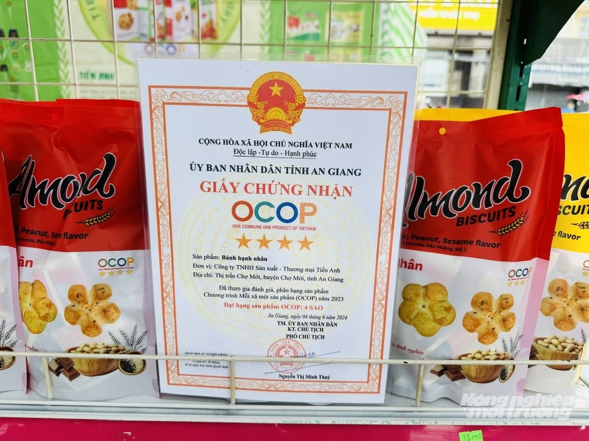 The OCOP product certificate for 'Tien Anh Almond Cookies,' which achieved An Giang Province’s 4-star OCOP standard. Photo: Le Hoang Vu. The OCOP product certificate for 'Tien Anh Almond Cookies,' which achieved An Giang Province’s 4-star OCOP standard. Photo: Le Hoang Vu.