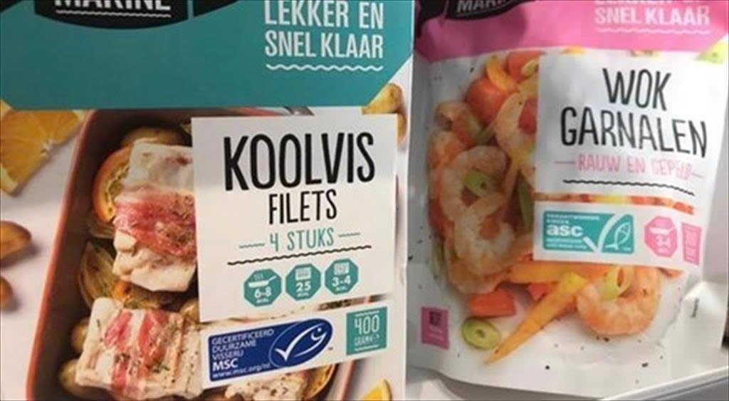 Seafood certified by MSC and ASC is sold at a mainstream Spar retail store (Netherlands). Photo: MH.