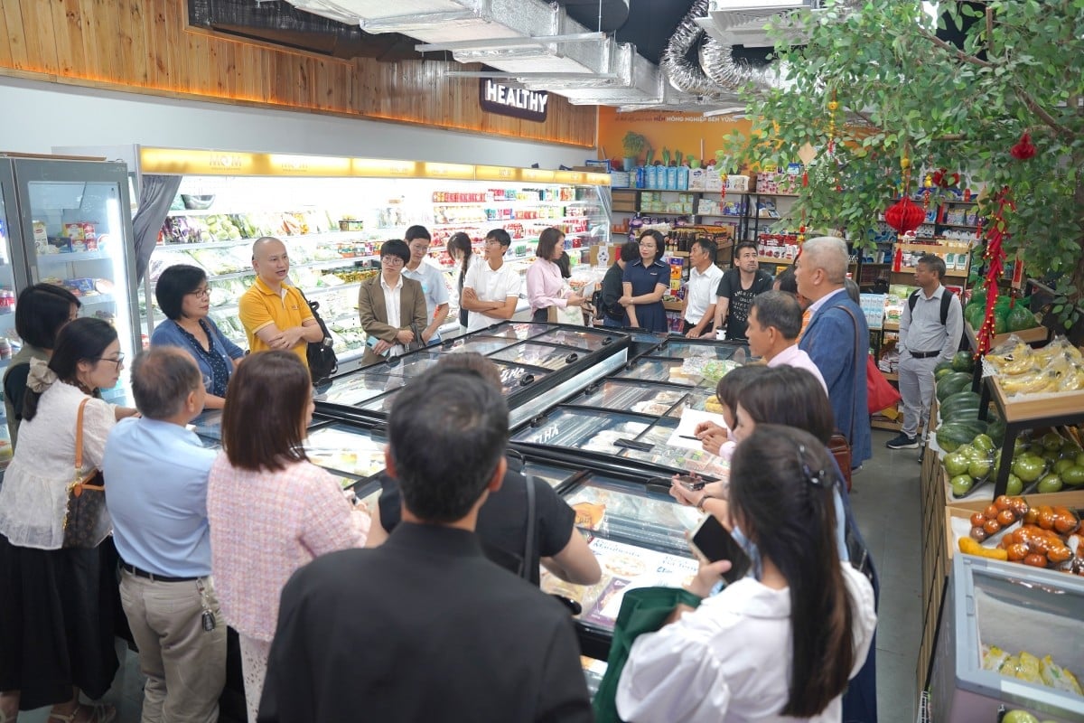 Participants of the VOAA Organic Standard Training course visit and examine labels and certifications at the Moom - Organic & Safe Food store in Xuan Dinh ward, Hanoi. Photo: Hong Tham.