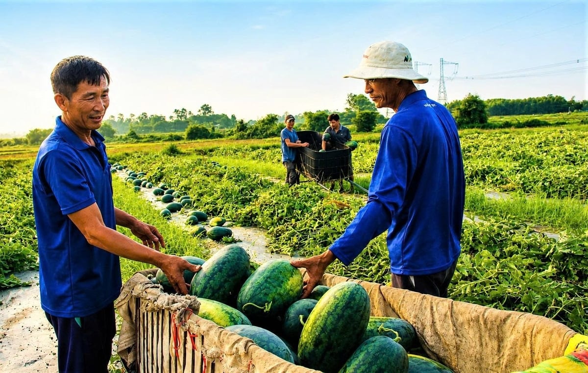 Watermelons are being harvested simultaneously across the fields in Tay Ho Commune, Da Nang City. Photo: Lan Anh.
