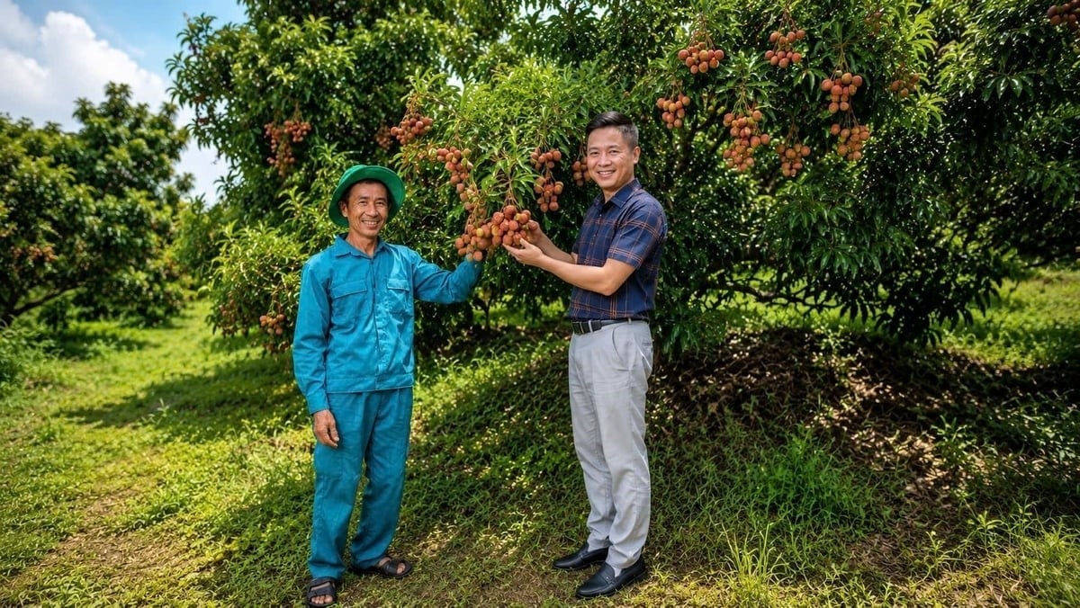 Mr. Vu Van Men (left) and an official from the Bac Ninh Sub-Department of Crop Production and Plant Protection inspect the lychee orchard ahead of the main harvest season. Photo: Pham Minh.