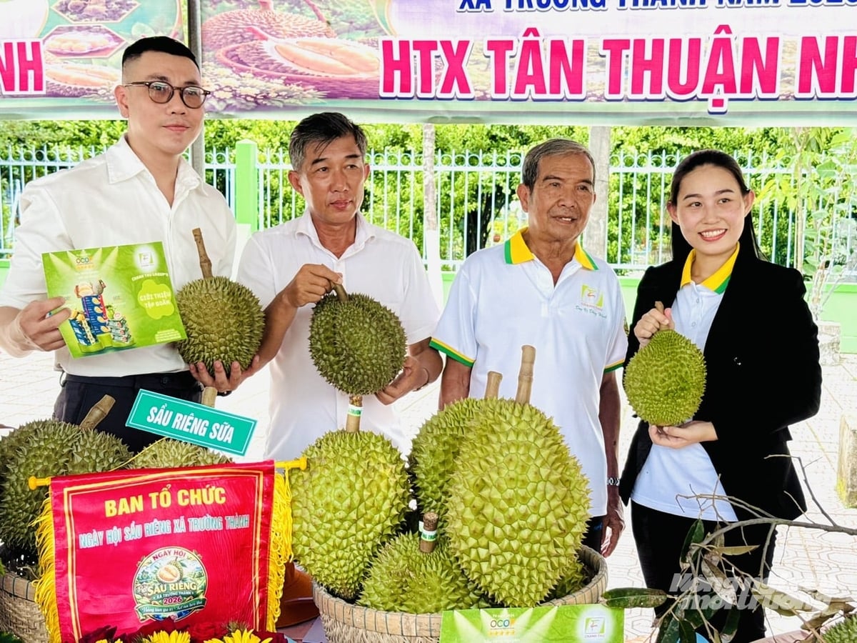 Representatives of businesses, cooperatives, and growers showcase durian products at the Truong Thanh Commune Durian Festival 2026, helping promote the brand and strengthen market connections. Photo: Le Hoang Vu.
