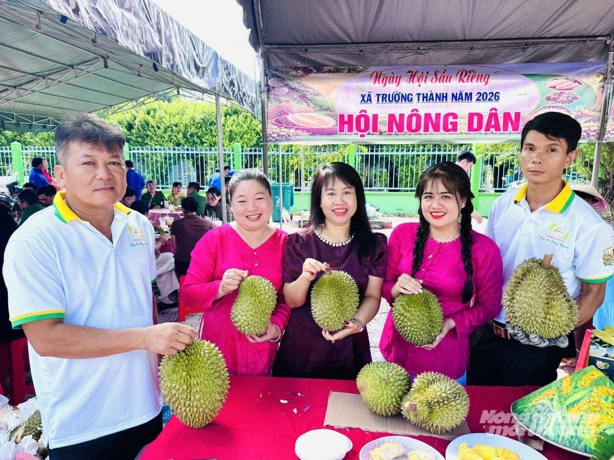 Farmers, cooperatives, and enterprises display and introduce durian at the 2026 Truong Thanh Durian Festival, advancing production and consumption linkages along a sustainable value chain. Photo: Le Hoang Vu.